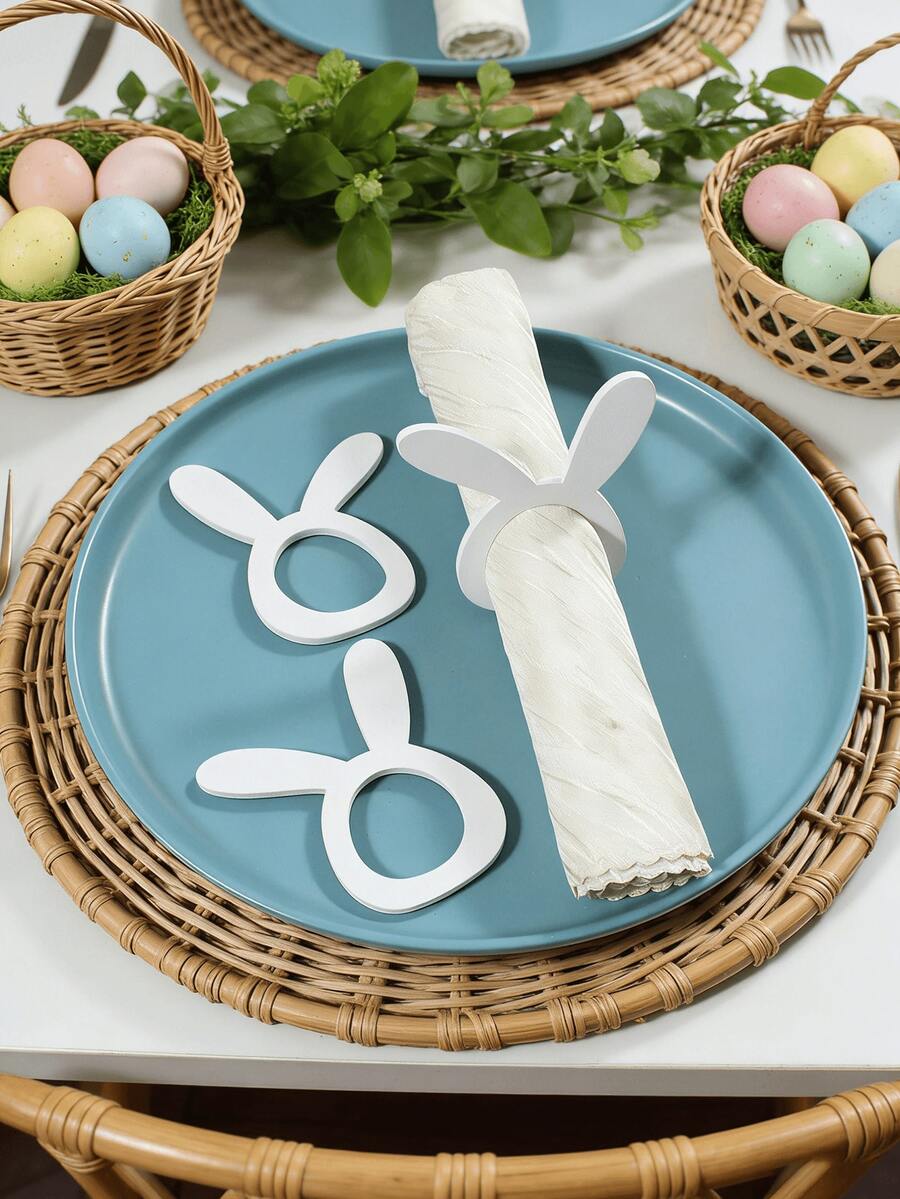 4-12pcs Easter Napkin Rings, Wooden Rabbit Napkin Rings, Handmade White Rabbit Napkin Ring Holders, Wooden Rabbit Ear Set Farmhouse Napkin Rings For Easter Decoration, Dinner, Wedding, Party - Multicolor - View 1