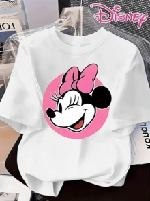 Authentic Disney Minnie Mouse Cartoon Character And Disney Park Logo Pattern, New Summer Short-Sleeved T-Shirt For Women, Casual And Fashionable Printed T-Shirt. - trắng - Xem 1