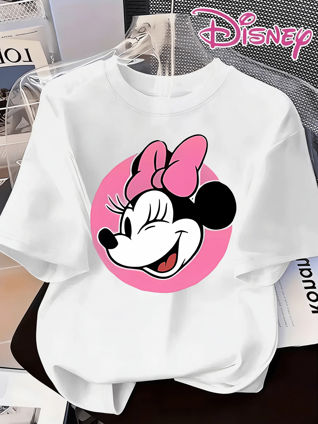 Authentic Disney Minnie Mouse Cartoon Character And Disney Park Logo Pattern, New Summer Short-Sleeved T-Shirt For Women, Casual And Fashionable Printed T-Shirt. - trắng - Xem 1
