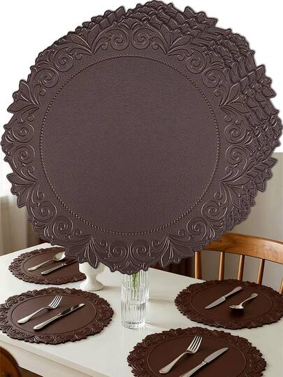 6pcs Thickened Vintage Floral Leather Placemats, Coffee Color, Washable Round Heat Insulation Mats Suitable For Valentine's Day, Mother's Day, Wedding Party, Christmas, Halloween, Thanksgiving, Dinner, Restaurant, Hotel, Home