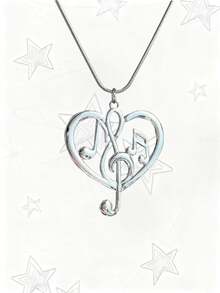 1pc Heart & Note Charm Snake Bone Necklace, Retro Niche Y2K Design Minimalist Sweater Chain - Multicolor - View 2