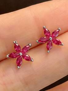 1 Pair S925 Sterling Silver Synthetic Zirconia Fuchsia Five-Petal Flower Stud Earrings, Elegant & Graceful Daily Wear Quality Jewelry For Women - Silver - View 5
