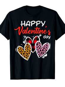 Buon San Valentino, t-shirt da ragazza/ragazza con stampa leopardata e motivo a cuori | 100% puro cotone, design carino e con scritte, maniche corte, scollo rotondo, adatta per attività casual e romantiche. - nero - Visualizzare 1