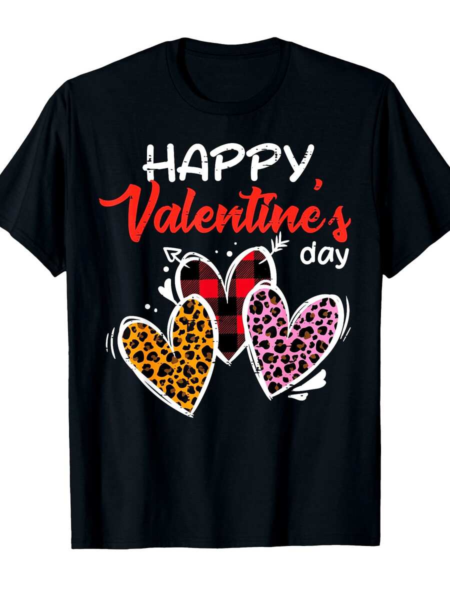 Buon San Valentino, t-shirt da ragazza/ragazza con stampa leopardata e motivo a cuori | 100% puro cotone, design carino e con scritte, maniche corte, scollo rotondo, adatta per attività casual e romantiche. - nero - Visualizzare 1