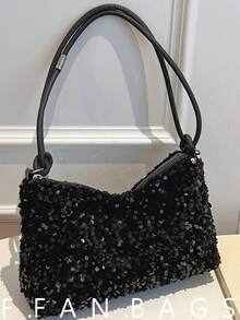 Casual Chic Sequin Shoulder Bag, Personalized Minimalist Large Capacity Crossbody Bag - Black - View 1