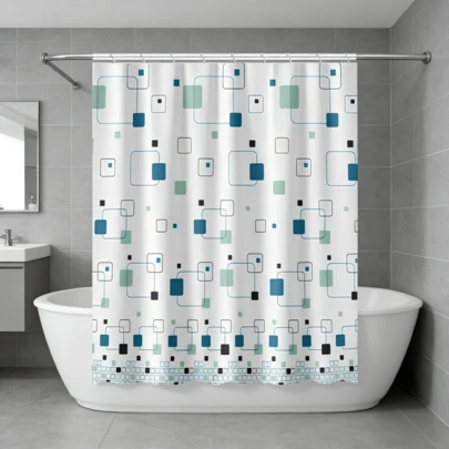 Cortina de baño de tela, con aros metálicos, lavable a máquina.Medida: 180 x 200 cm. Cortina para bañera de secado rápido.