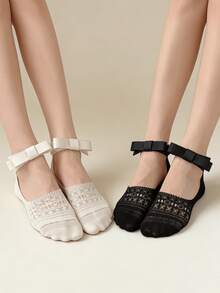 1/2 双春夏薄款甜美可爱芭蕾舞风格蝴蝶结蕾丝边浅口隐形袜/船袜 - 彩色 - 查看 11