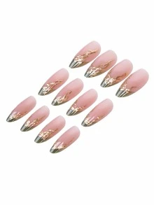 24pcs Nude Pink Glossy Medium Almond False Nails Set, Fresh Green French Cat Eye, Makes You Sparkle, With Irregular Gold-Plated Lines, Ideal For Daily Summer Wear - Green - View 6