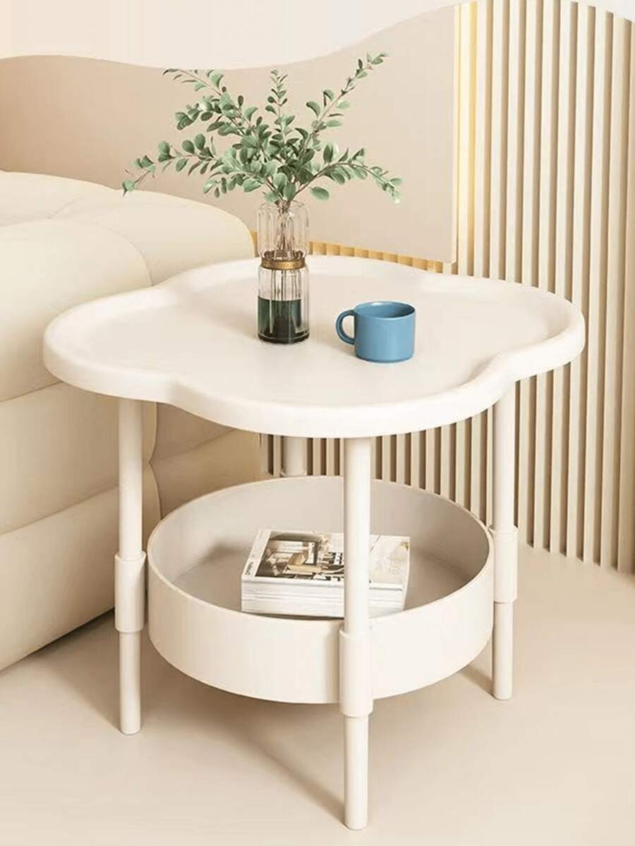1pc Cloud-Shaped Cream White Solid Wood Edge Side Table | Double-Layer Storage + Petal Tabletop, Korean Ins Style Small Coffee Table, Lightweight Bedside/Living Room/Balcony Placement, Storage Table