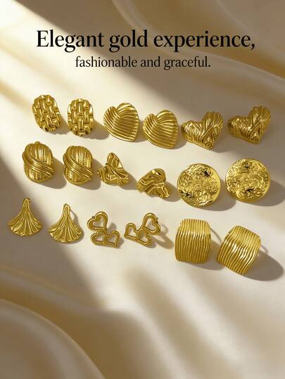 9款优雅的不锈钢铸造耳环，包括心形、爱心、树叶和几何图案。低过敏性材质。这些简约时尚的不锈钢耳环非常适合女性日常佩戴，也是送给女性朋友的绝佳礼物。