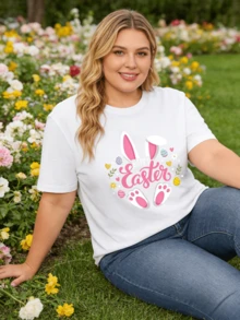 Plus Size Women's Happy Easter Bunny Easter Egg Hunt Squad Easter Family Graphic Casual Shortsleeve Crew Neck Top, Relaxed Fit Crew Neck Plus Size Tee, Comfortable Fit For Spring And Summer, Women's Tshirt, Machine Washable Tshirt, Comfortable Fit - 白色 - 查看 3