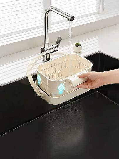 1pc Retractable Kitchen Sink Drain Basket, Hanging Dish Drying Rack, Kitchen Storage Basket, Foldable Colander With Detachable Filter Net