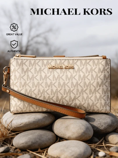 Michael Kors Authentic Jet Set Travel Women's Smartphone Wallet Vanilla 35F8GTVW0B | Signature Logo Wristlet Phone Case Card Slots Zip Closure Wrist Strap Compact Clutch Daily Carry Luxury Premium Designer Elegant Gift | Luxury Mother's Day Gift - Authentic Wallet For Mom - Spring Present