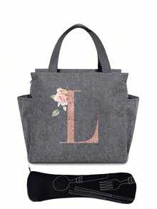 Personalized Initial Recognition Grey Insulated Lunch Bag - Canvas Thermal Lunch Tote, Zipper Closure, Large Capacity Aluminum Foil Lining, Suitable For Work And School Use, Portable Handheld Lunch Bag, Food Cooler Bag, Ideal For Work, School, Travel, And Women's Day Gift. Lightweight Reusable, Splash-Proof, Suitable For Picnics, Office, School And Outdoor Activities - Easy To Clean, Water-Resistant, Compact Design. - Grey - View 43