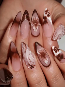 24 Pieces Of Milk Coffee Brown Hand-Painted Nail Art, With Three-Dimensional Hand-Painting, Delicate Petal Textures, Exquisite Embossed Texture, And Rich Deep Brown Gradient Layers. It Is An Elegant Style Suitable For Dates, Commuting, And Light Social Occasions, Bringing A Sense Of Sophistication To All Scenarios. - Rust Brown - View 2