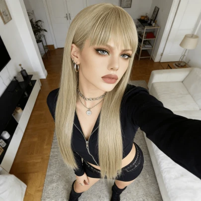 Hellblonde lange gerade Perücke mit Pony Y2K süß & cool, hochwertige Perücken für Frauen für den Alltag, Partys & Cosplay