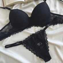 Sexy Lace Lingerie Set With Padded Bra Panties Lace Sensual Feminine Comfort - 黑色 - 查看 2