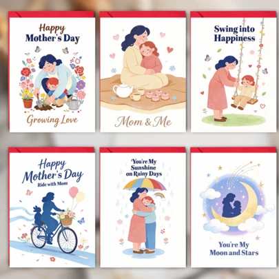 12 Pcs Mothers Day Mom And Me Themed Greeting Card Set With Envelopes, Warm Scene Illustration Cards For Adults To Honor Mom On Her Special Day, Showcasing Bonding Moments Like Gardening Cycling And Picnicking, Suitable For Mothers Day Anniversaries And Casual Gifting To Convey Sincere Emotions And Cherish Precious Relationships(6 Cards & 6 Envelopes)