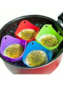4件套硅胶煮蛋器，厨房烹饪工具，煎蛋锅，蛋托，蛋杯，空气炸锅鸡蛋模具，切蛋器，蛋托套装，厨房烘焙配件 - 彩色 - 查看 4