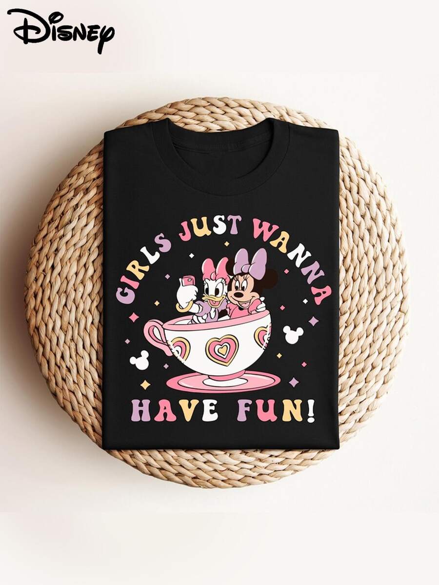 Disney Minnie Mouse Girls Just Want To Have Fun! Men's Summer T-Shirt, Distressed Effect, One-Piece Design, Pure Cotton Fabric, Comfortable And Breathable, Casual Outdoor Street Style, Round Neck; A High-Quality Fashion Brand, It's The Ideal Surprise Gift For Family And Friends. - 黑色 - 查看 1