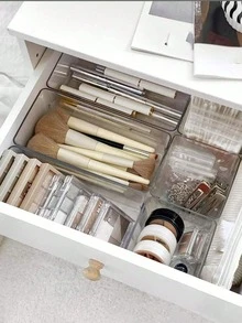 Juego de cajas de almacenamiento de plástico transparente de múltiples piezas, caja de almacenamiento de cosméticos para escritorio, organizador de tocador transparente, caja de almacenamiento elegante, organizador de cajón de escritorio de oficina para cosméticos, joyas, cocina, dormitorio, baño, útiles de oficina - transparente - Ver 1