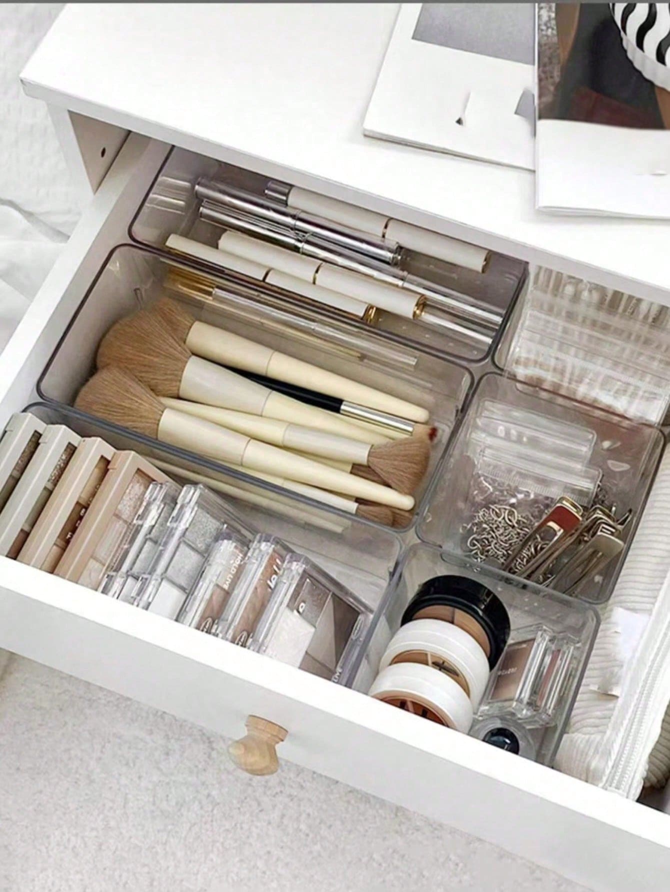 Juego de cajas de almacenamiento de plástico transparente de múltiples piezas, caja de almacenamiento de cosméticos para escritorio, organizador de tocador transparente, caja de almacenamiento elegante, organizador de cajón de escritorio de oficina para cosméticos, joyas, cocina, dormitorio, baño, útiles de oficina - transparente - Ver 1