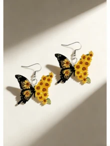 2D Bohemian Style Sunflower & Butterfly Earrings, Sunflower Element, Acrylic Flat Material, Stainless Steel Earring Hook, Suitable For Daily Wear And Parties, Holiday Gifts, All Seasons - Sunflower Butterfly - View 1