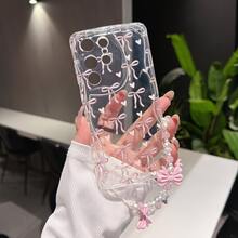 1pc Ins Style Cream Texture Full-Screen Heart & Bow Knot + Bow Lanyard, Fashionable Perforated Anti-Fall Phone Case, Suitable For IPhone 11 12 13 14 15 16 17 Series, Suitable As Gift For Family, Friends, Holidays - Clear - View 2