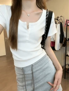 纯色常规肩部短袖女士休闲圆领修身弹力T恤上衣，夏季 - 白色 - 查看 6