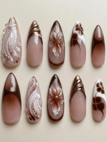 24 Pieces Of Milk Coffee Brown Hand-Painted Nail Art, With Three-Dimensional Hand-Painting, Delicate Petal Textures, Exquisite Embossed Texture, And Rich Deep Brown Gradient Layers. It Is An Elegant Style Suitable For Dates, Commuting, And Light Social Occasions, Bringing A Sense Of Sophistication To All Scenarios. - Rust Brown - View 4
