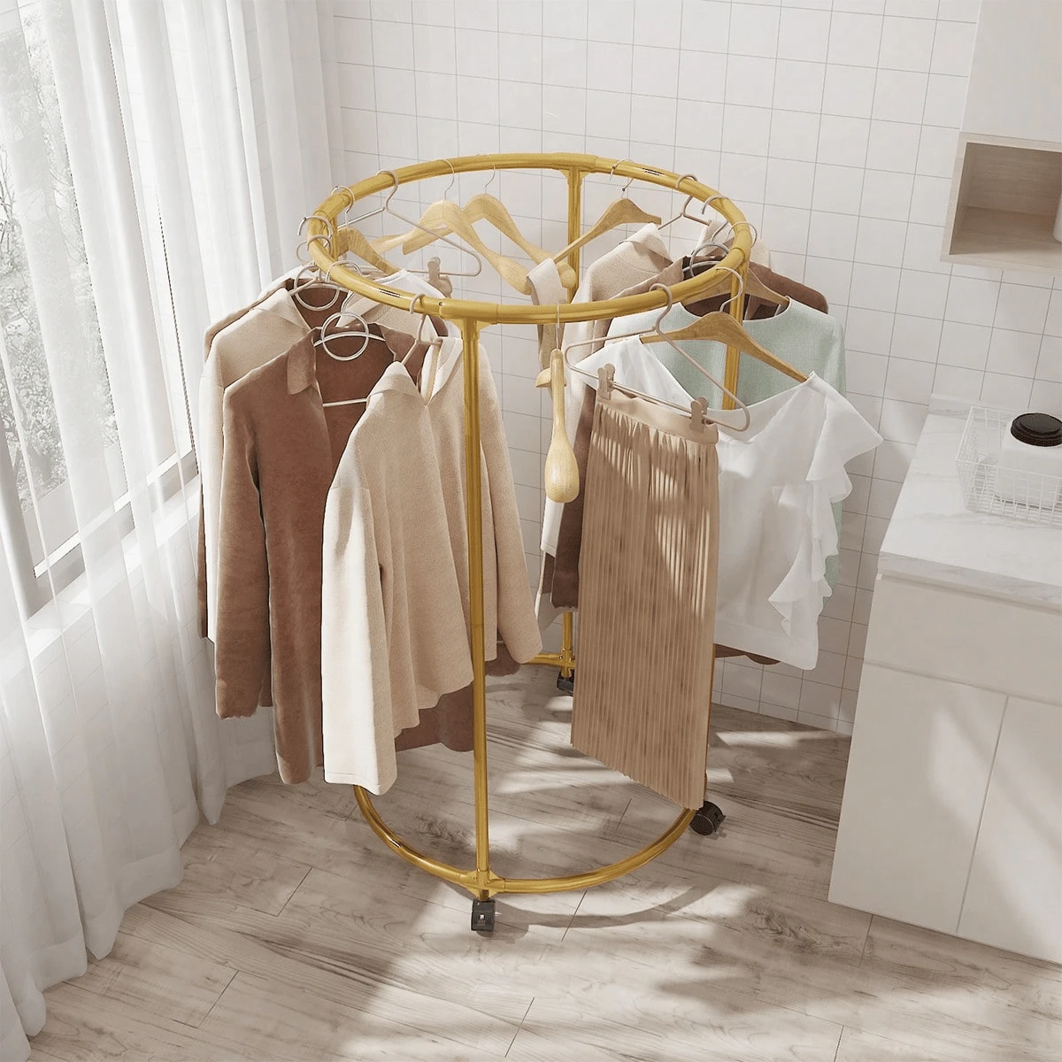 1pc Heavy Duty Metal Rolling Garment Rack, With Round Load Capacity, Super Strong Load Bearing, 16mm Tube Diameter, Space Saving, Sturdy Metal Floor Standing Multi-Rod Clothes Rack, Suitable For Bedroom, Dorm And Balcony; Freestanding Rotating Clothes Rack, Portable Clothes Rack, Independent Clothes Rack, Retail Clothing Display Rack, Laundry Room Storage Rack, Home Decor, Room Decor, Wardrobe Storage Rack, Holiday Gift - Multicolor - View 1