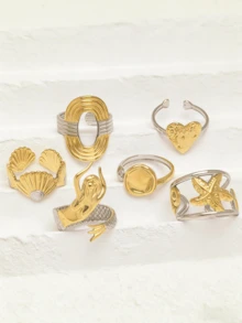 6枚18K镀金不锈钢可调节开口戒指，ins风，女士首饰，波西米亚风，金戒指，精致礼物，优雅戒指 - 彩色 - 查看 1