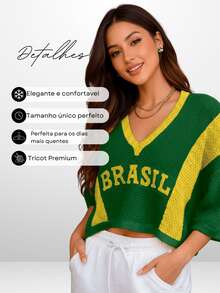 Women's Cropped Blouse With 3-Quarter Sleeves, Brazil Cup Style, Elegant, Casual, Basic Knit - 綠色 - 查看 4