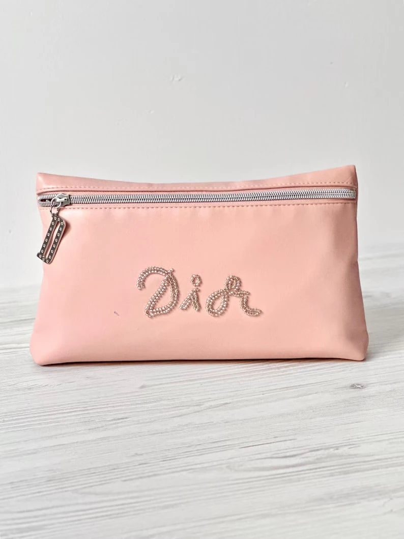 Dior Pale Pink Cosmetic Bag With Silver Crystal Embellished Letter "D" Zipper Pull - Pink - View 1