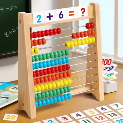 1pc Wooden Abacus, Math Learning Tool For Addition And Subtraction, With Number Cards And Multiplication Table, Educational Supplies For Students