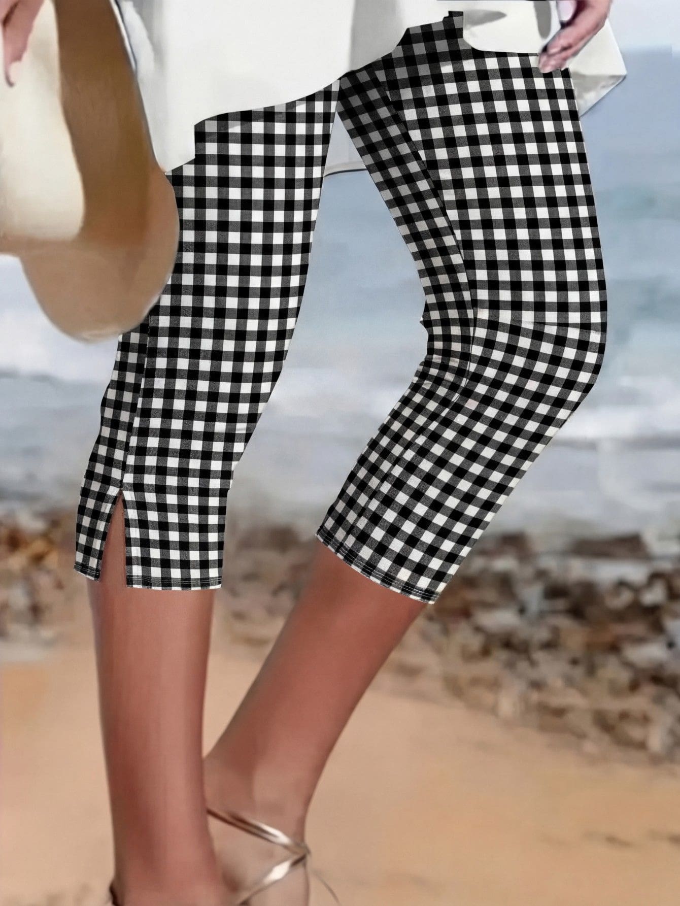 Women's High Waist Casual Elastic 3/4 Pants, Solid Color Knitted Polyester Fabric, Suitable For Spring, Summer And Autumn Vacation - Multicolor - View 1