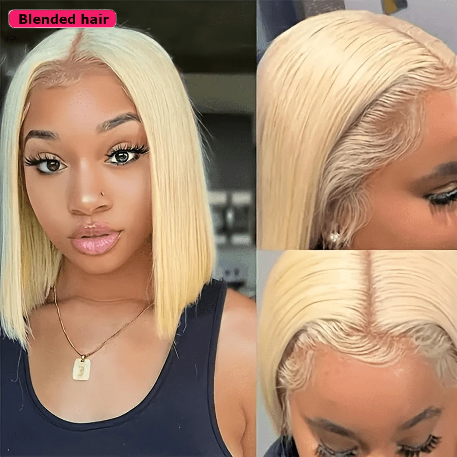 Perruque carré court doré NATAN #613, sans colle nécessaire, dentelle frontale haute définition 13x4, cheveux brésiliens droits de grade 10A, densité de 180%, pré-épilée, ligne de cheveux naturelle, unisexe. Cette perruque est faite de cheveux humains réels sur la ligne de front et d'un mélange de fibres synthétiques et de mèches de protéines, avec des cheveux brésiliens droits.