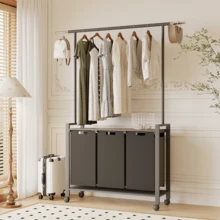 Laundry Sorter 2 Section Laundry Basket Organizer With Hanging Bar Laundry Hamper Organization With Storage Shelf With Heavy Duty Rolling Lockable Wheels - Multicolor - View 4