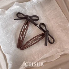 2pcs Brown Leather Bow Minimalist Hair Clips, Versatile Sweet Bangs & Loose Hair BB Clips Hair Accessories - Black 2Pcs - View 5