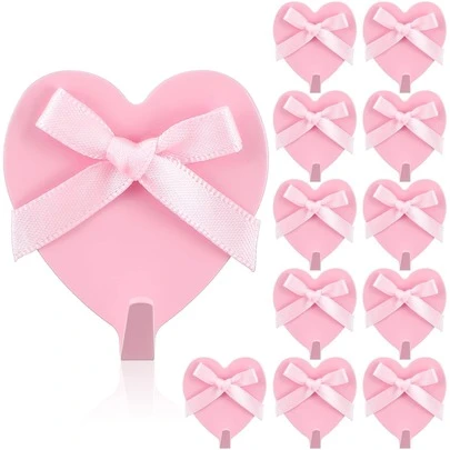 Bộ 12/6 móc treo tường hình nơ trái tim màu hồng, vật dụng thiết yếu trang trí ký túc xá: Móc treo tường hình trái tim bằng thép không gỉ, keo dính chắc chắn, hoàn hảo cho ký túc xá nữ, phòng ngủ, nhà bếp và phòng tắm.
