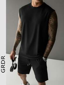 GRDR 男士夏季百搭纯色背心短裤两件套，休闲装 - 黑色 - 查看 1