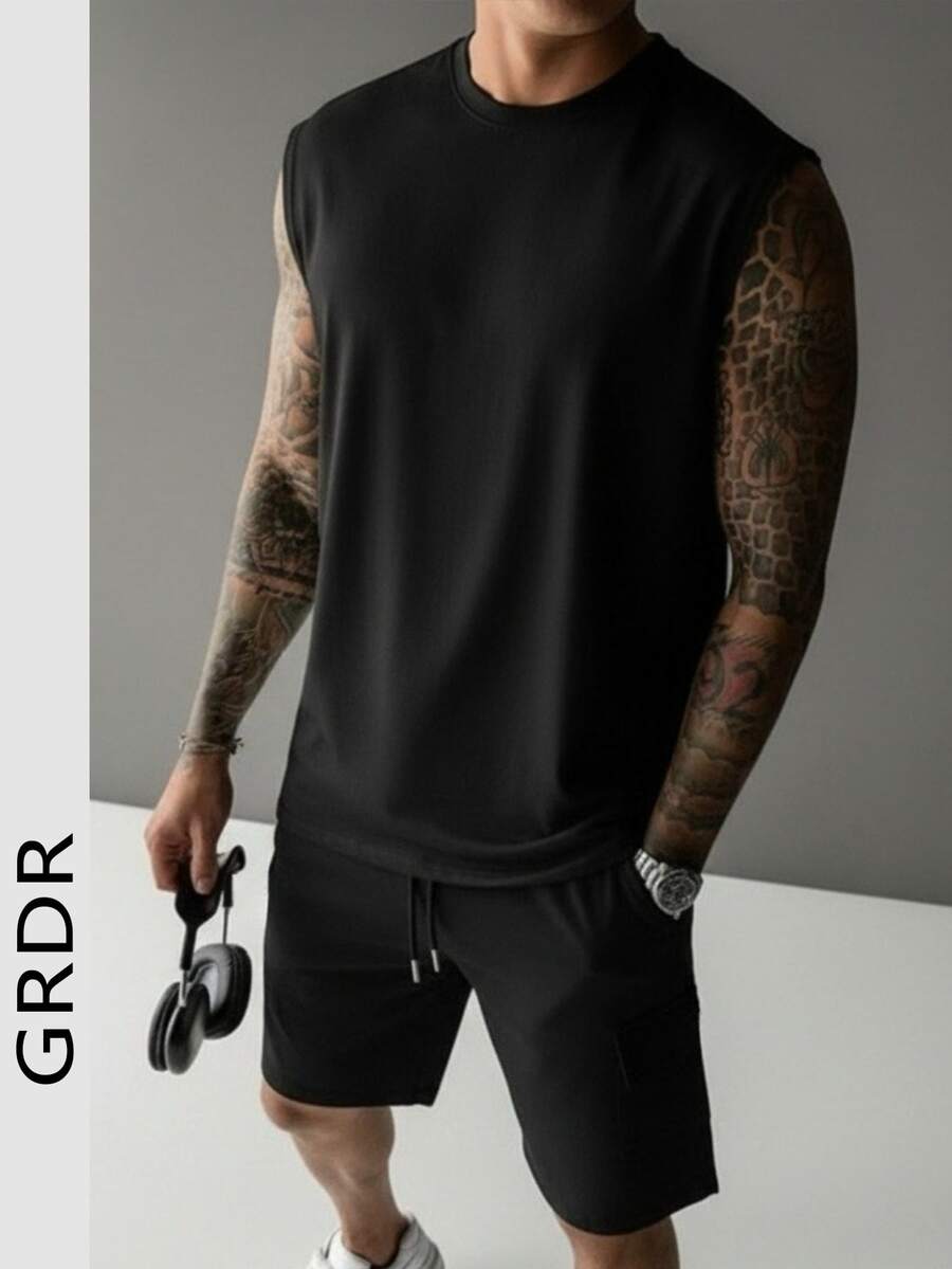 GRDR 男士夏季百搭纯色背心短裤两件套，休闲装 - 黑色 - 查看 1