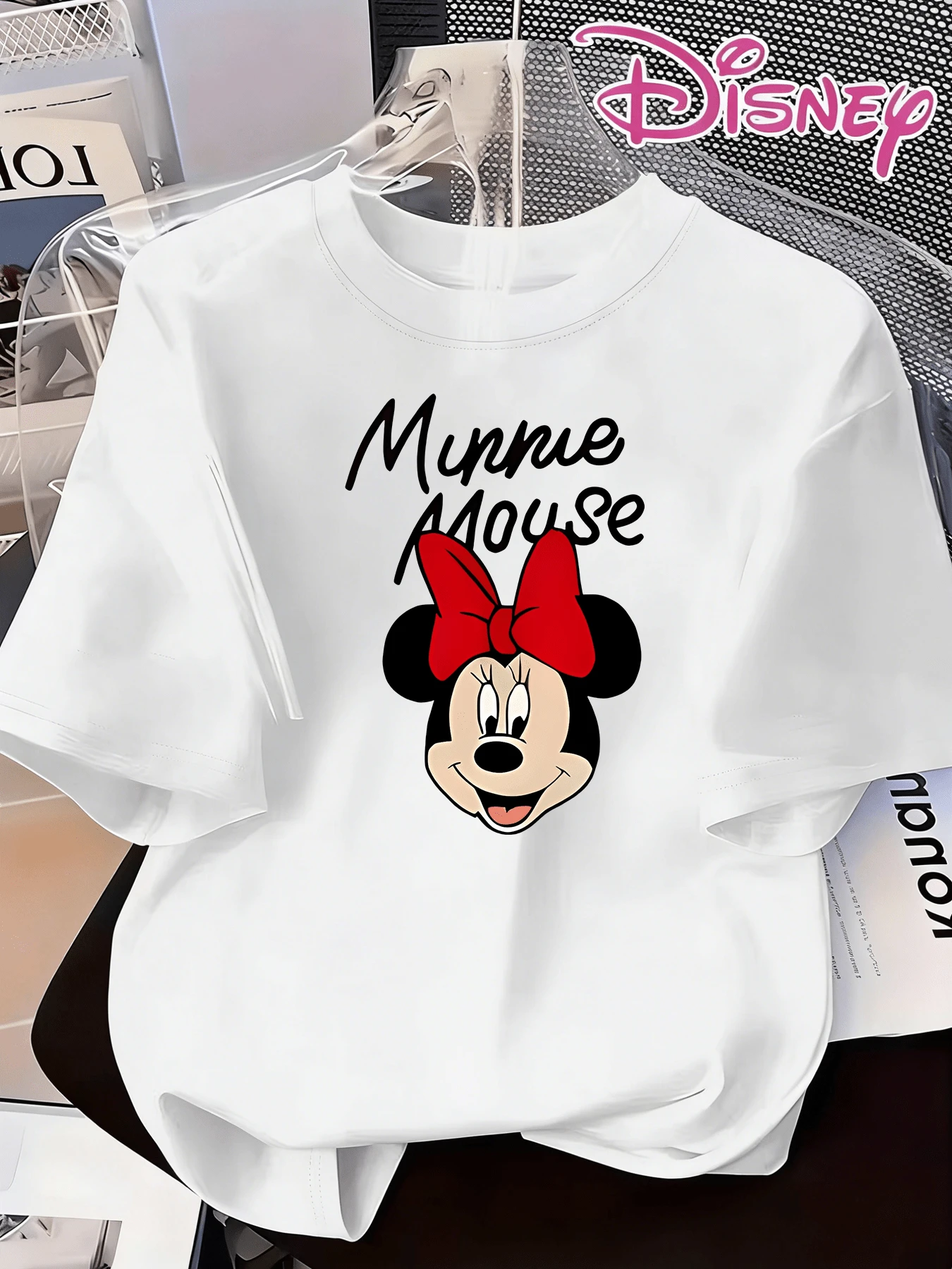 Authentic Disney Minnie Mouse Head And Wording Print Short-Sleeved T-Shirt For Women, Summer New Style, Casual And Fashionable Printed T-Shirt. - trắng - Xem 1