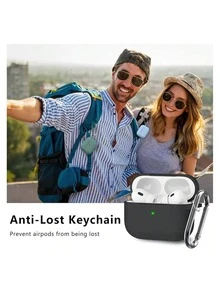 1 Set Silicone Protective Case Compatible With Apple , Solid Color Integrated Earphone Cover With Flower Hanging Chain, Carabiner And Cleaning Brush, Suitable As Gift - Black - View 5