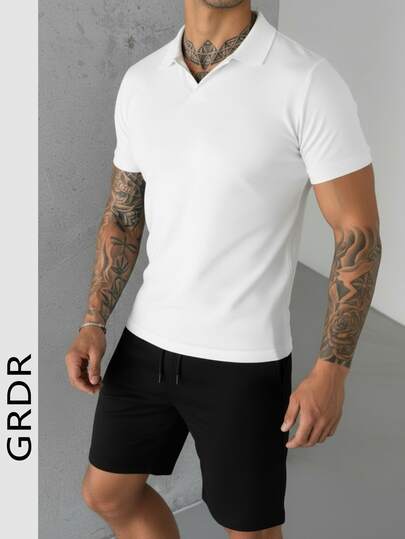 GRDR 男士夏季 Polo 领短袖短裤套装，舒适商务休闲装
