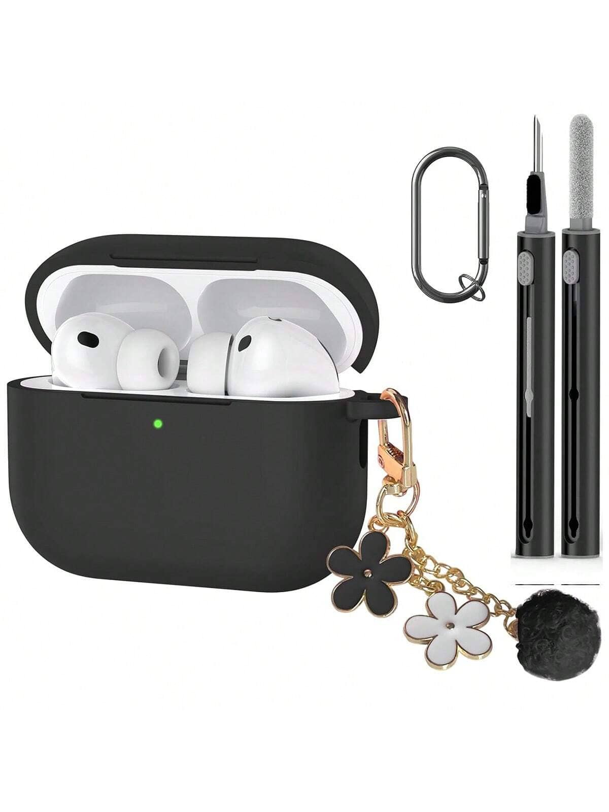 1 Set Silicone Protective Case Compatible With Apple , Solid Color Integrated Earphone Cover With Flower Hanging Chain, Carabiner And Cleaning Brush, Suitable As Gift - Black - View 1