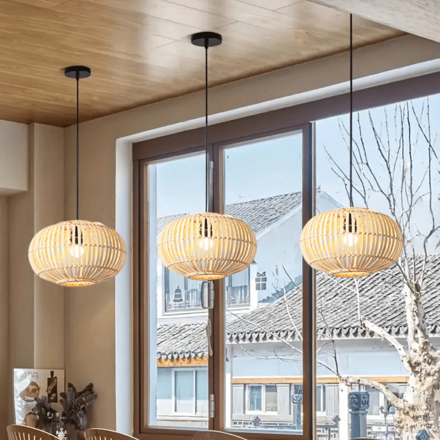 1件套现代中世纪风格竹藤吊灯 - 波西米亚编织吊灯，可调节悬挂式灯架，适用于厨房岛台、走廊、卧室、餐桌、客厅 - E26灯座（不含灯泡） - 竹子 - 查看 1