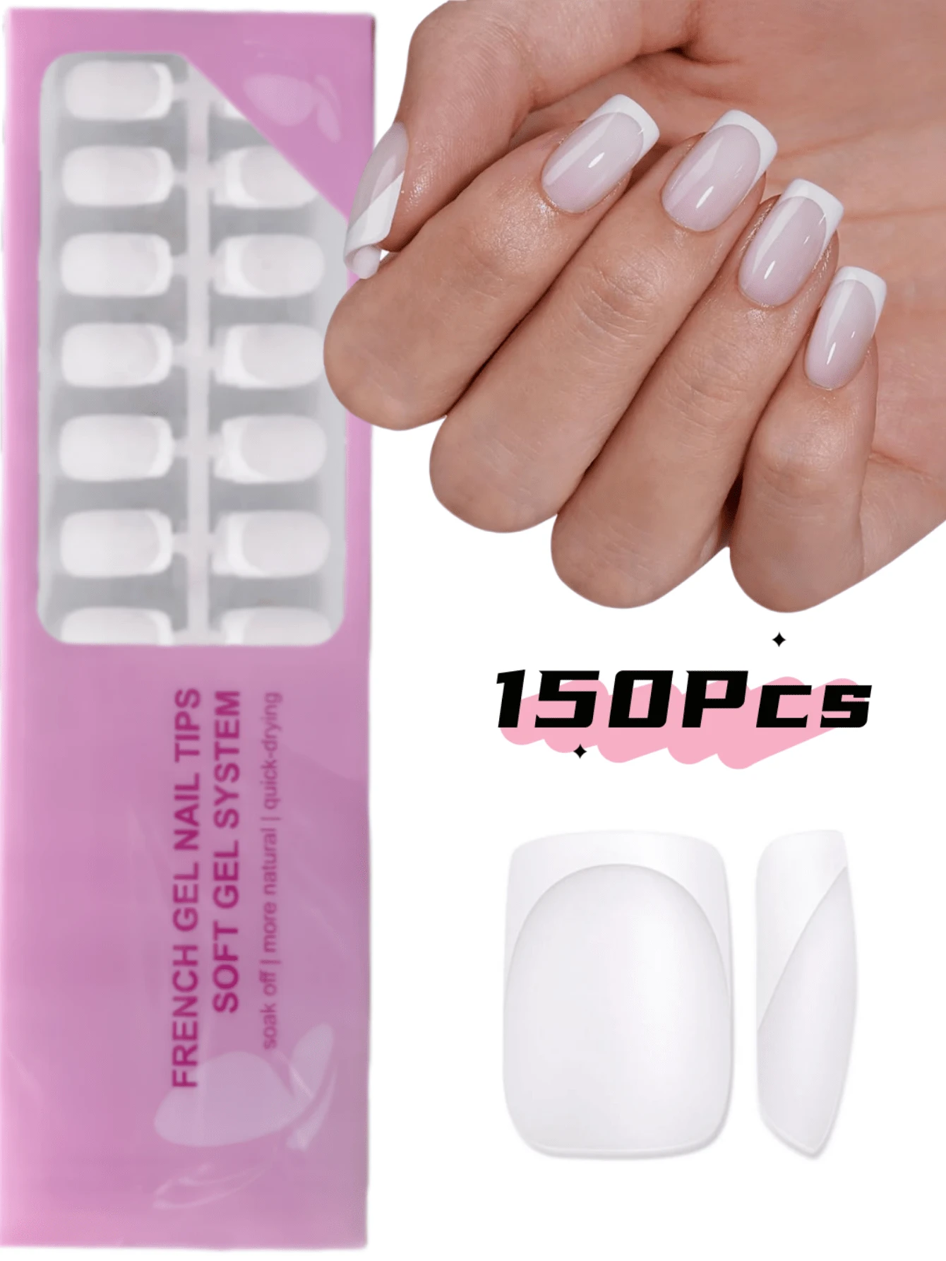 Bộ 150 miếng dán móng tay vuông ngắn kiểu Pháp, kèm miếng dán móng tay gel mềm kiểu Pháp, bộ móng giả, thích hợp cho việc tự làm móng, kiểu dáng tối giản đa năng, 15 kích cỡ phù hợp với phụ nữ.