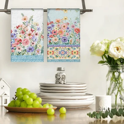 2/4/48pcs Polyester Soft & Durable Kitchen Dishcloth, Decorated With Colorful Floral And Green Leaves, Suitable For Kitchen Cleaning And Holiday Decoration, Multi-Purpose, Highly Absorbent Kitchen Towel