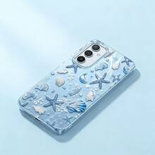 1个海水蓝贝壳和海星渐变蓝天可爱个性化透明手机壳，IMD全覆盖防摔银羽毛渐变羽毛波浪亮银激光闪亮艺术风格手机壳，兼容苹果/荣耀/传音/摩托罗拉 - 彩色 - 查看 2